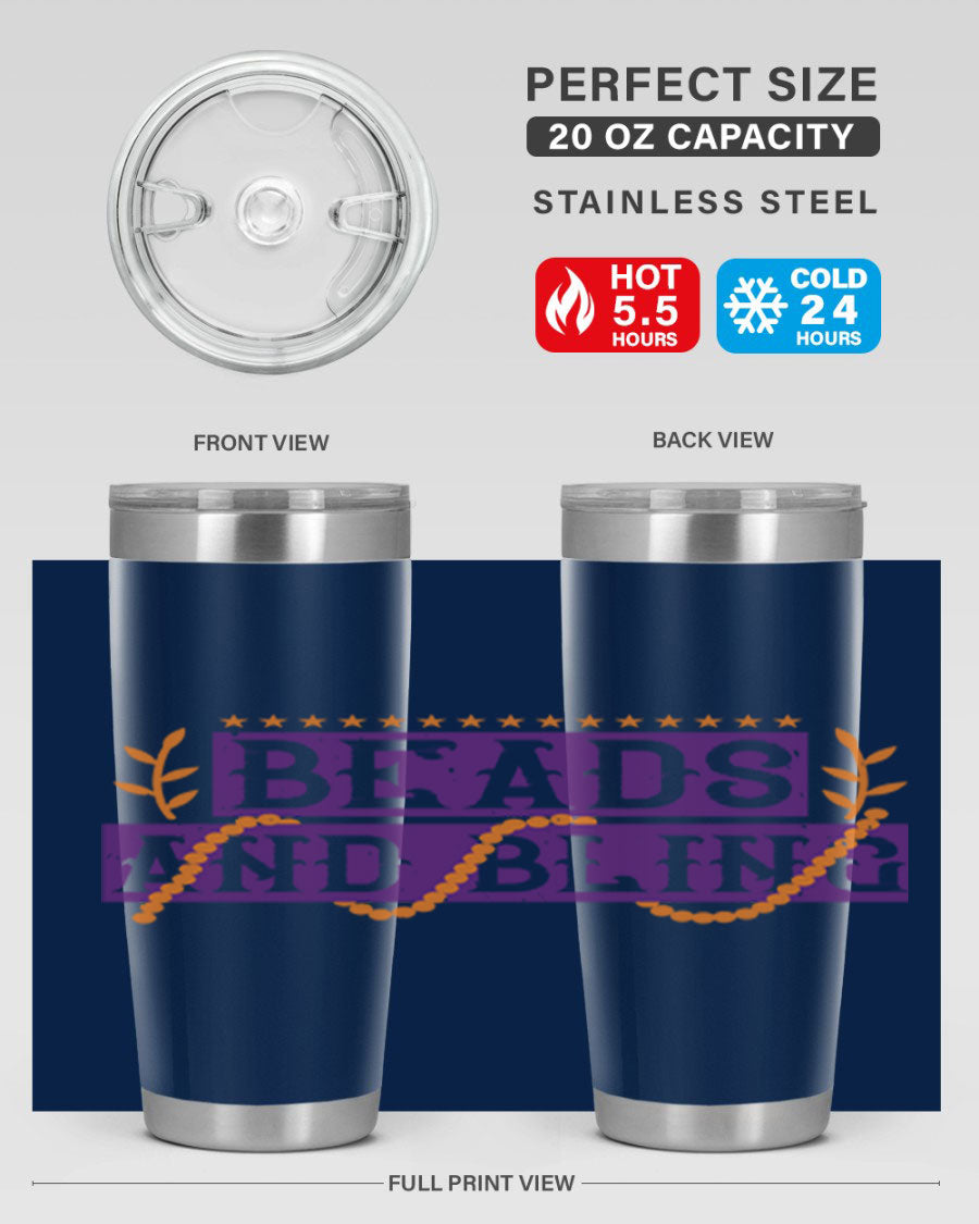 Beads and Bling 40# Mardi Gras Tumbler in vibrant colors, showcasing its double wall stainless steel design and drink-thru lid.