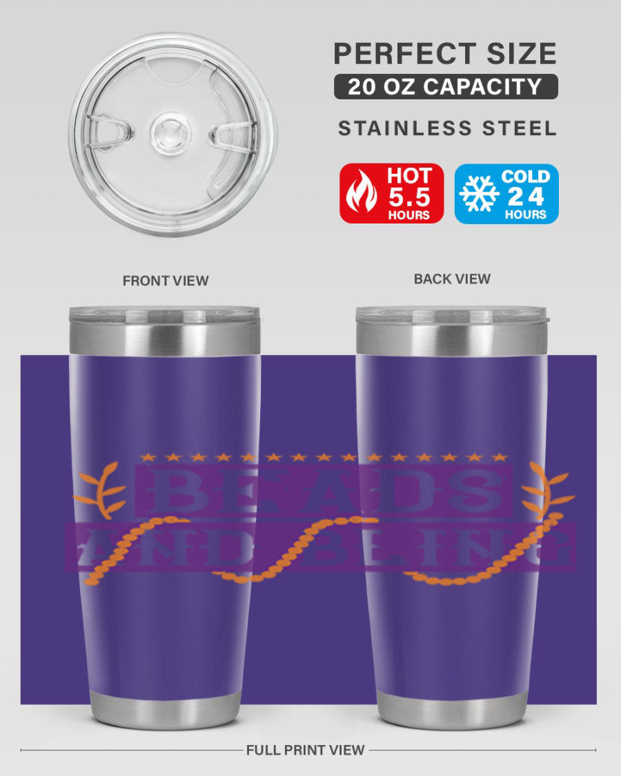 Beads and Bling 40# Mardi Gras Tumbler in vibrant colors, showcasing its double wall stainless steel design and drink-thru lid.