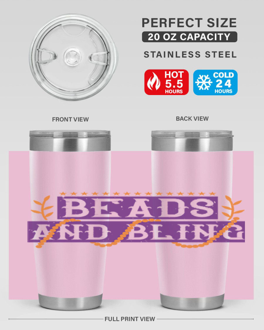 Beads and Bling 40# Mardi Gras Tumbler in vibrant colors, showcasing its double wall stainless steel design and drink-thru lid.