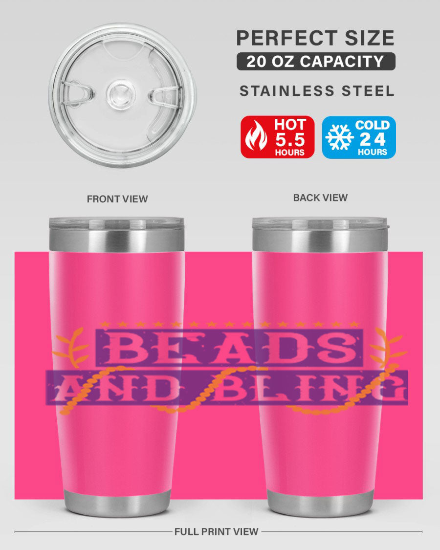 Beads and Bling 40# Mardi Gras Tumbler in vibrant colors, showcasing its double wall stainless steel design and drink-thru lid.