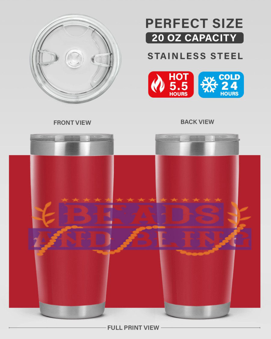 Beads and Bling 40# Mardi Gras Tumbler in vibrant colors, showcasing its double wall stainless steel design and drink-thru lid.