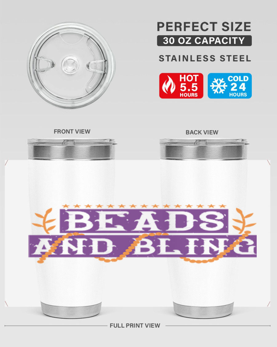 Beads and Bling 40# Mardi Gras Tumbler in vibrant colors, showcasing its double wall stainless steel design and drink-thru lid.