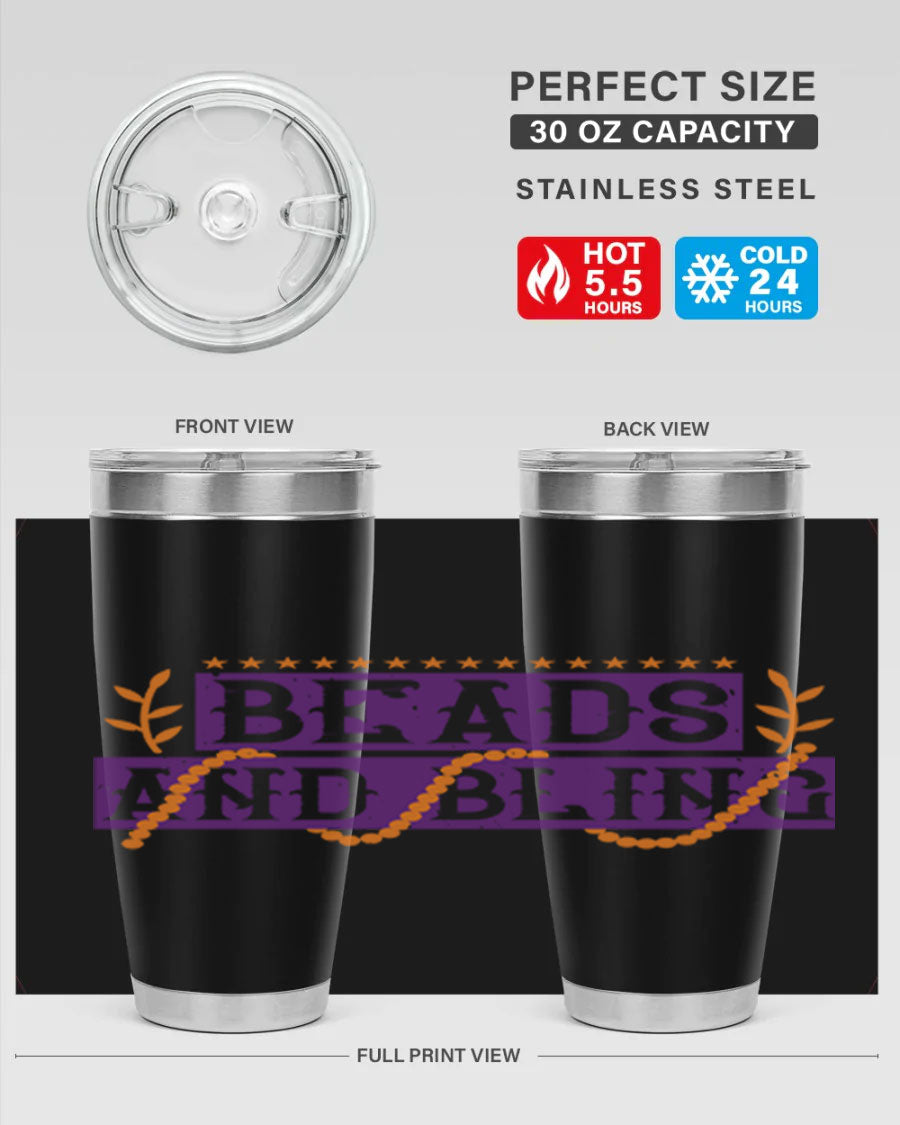 Beads and Bling 40# Mardi Gras Tumbler in vibrant colors, showcasing its double wall stainless steel design and drink-thru lid.