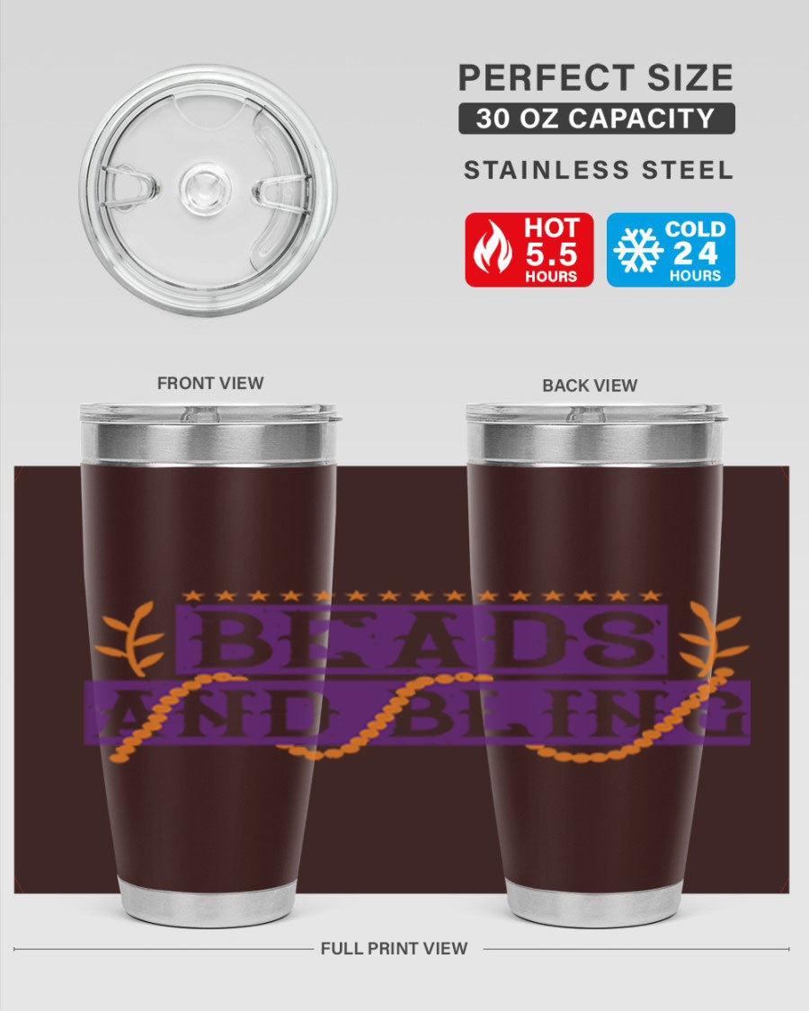 Beads and Bling 40# Mardi Gras Tumbler in vibrant colors, showcasing its double wall stainless steel design and drink-thru lid.
