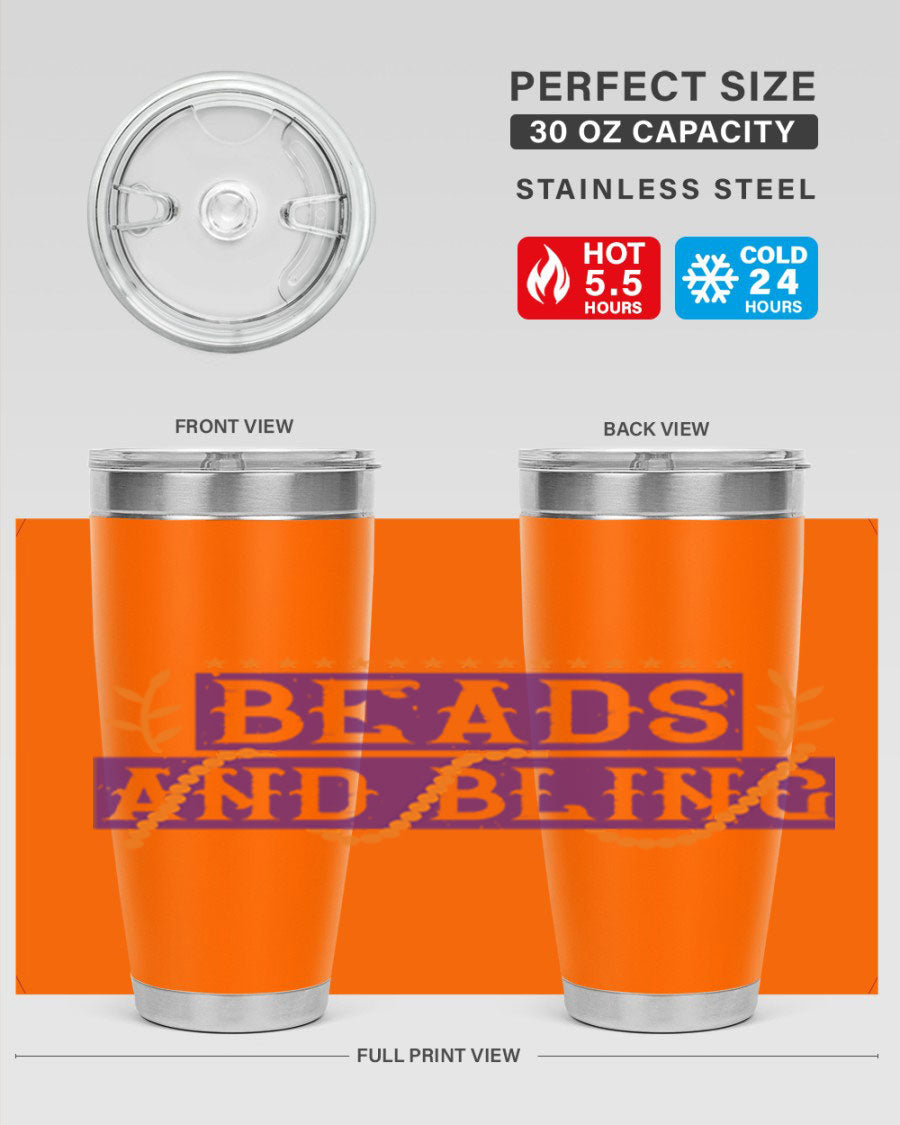 Beads and Bling 40# Mardi Gras Tumbler in vibrant colors, showcasing its double wall stainless steel design and drink-thru lid.