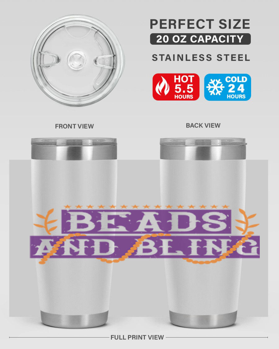 Beads and Bling 40# Mardi Gras Tumbler in vibrant colors, showcasing its double wall stainless steel design and drink-thru lid.