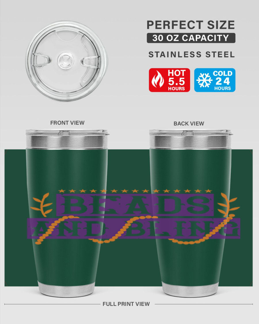 Beads and Bling 40# Mardi Gras Tumbler in vibrant colors, showcasing its double wall stainless steel design and drink-thru lid.
