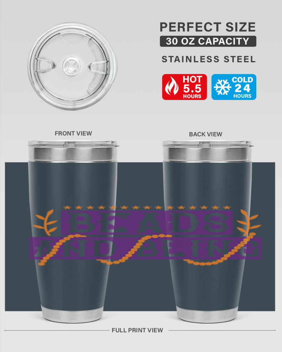 Beads and Bling 40# Mardi Gras Tumbler in vibrant colors, showcasing its double wall stainless steel design and drink-thru lid.