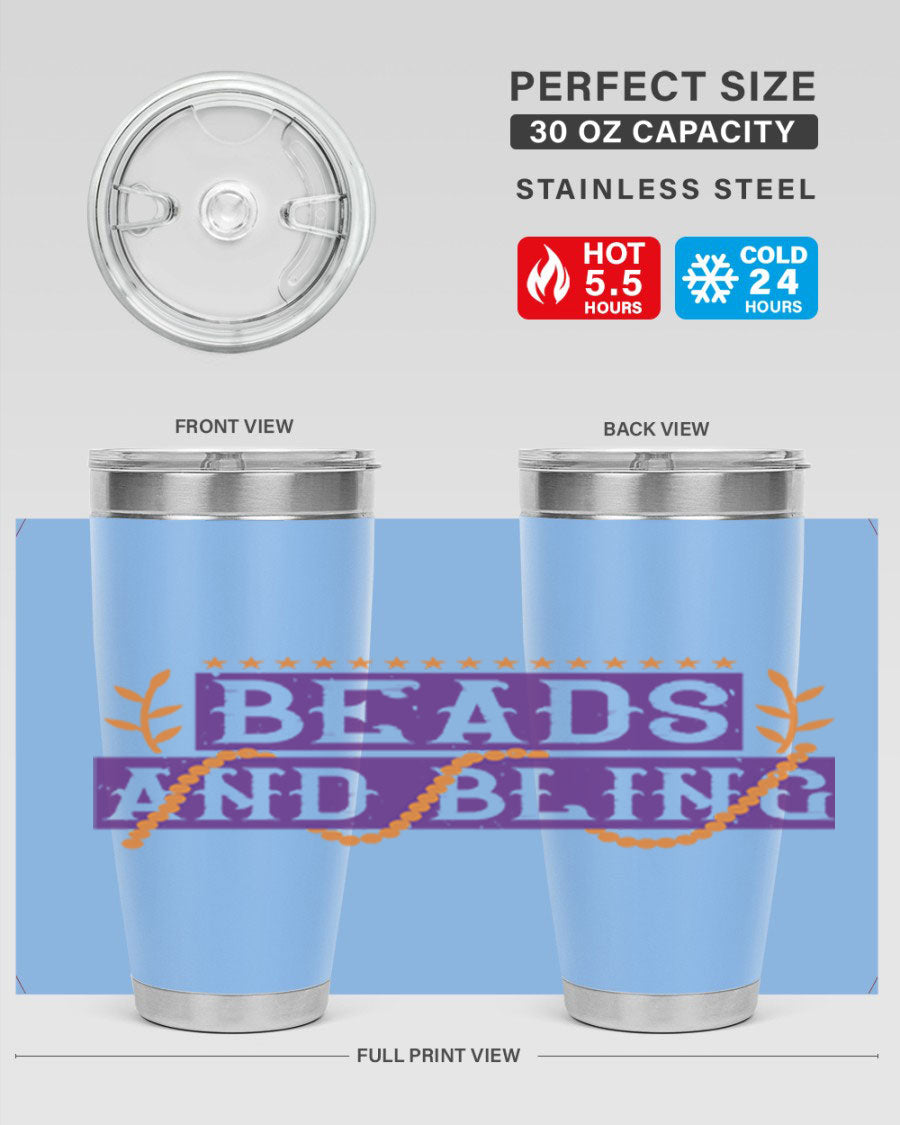 Beads and Bling 40# Mardi Gras Tumbler in vibrant colors, showcasing its double wall stainless steel design and drink-thru lid.
