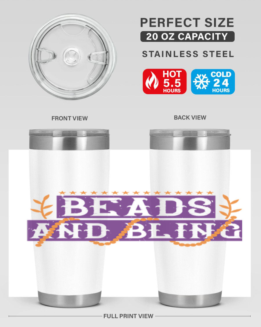 Beads and Bling 40# Mardi Gras Tumbler in vibrant colors, showcasing its double wall stainless steel design and drink-thru lid.