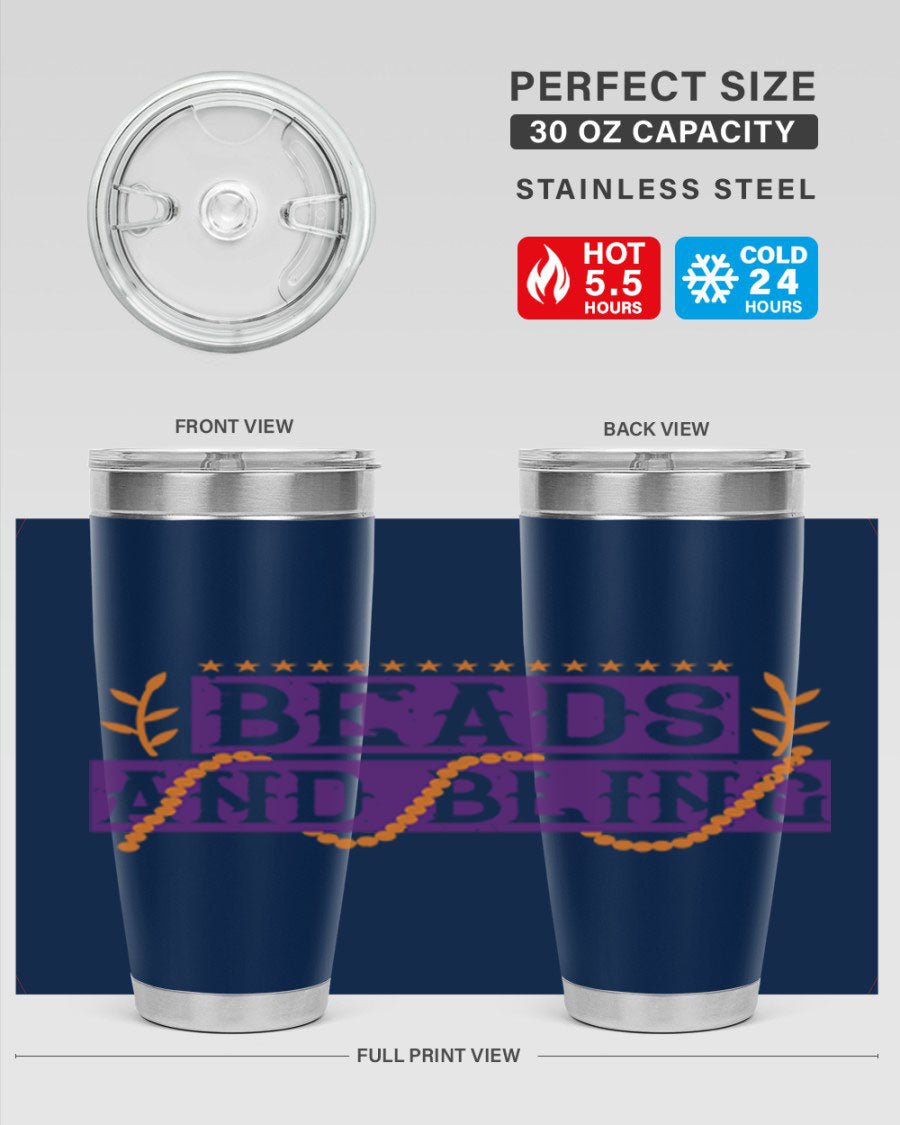 Beads and Bling 40# Mardi Gras Tumbler in vibrant colors, showcasing its double wall stainless steel design and drink-thru lid.