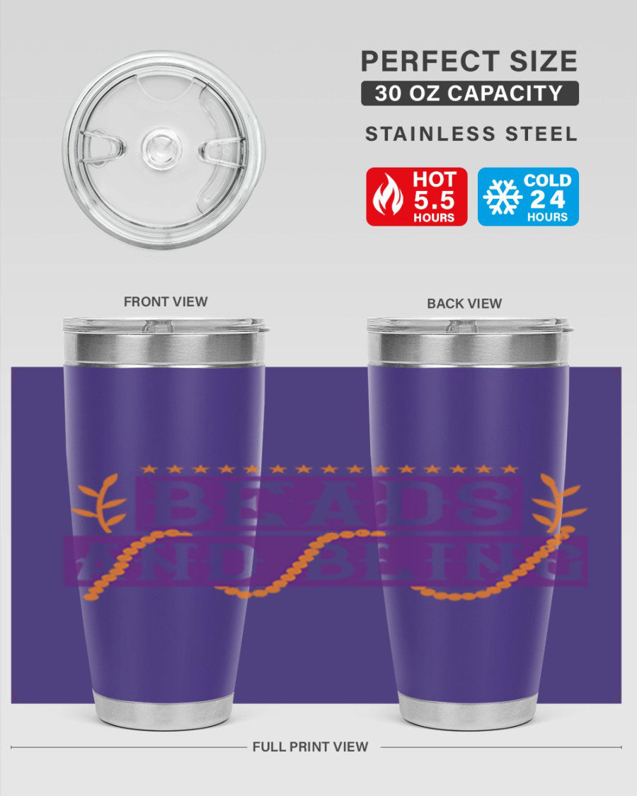 Beads and Bling 40# Mardi Gras Tumbler in vibrant colors, showcasing its double wall stainless steel design and drink-thru lid.