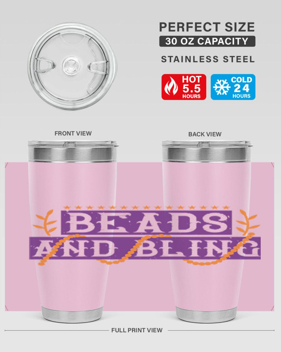 Beads and Bling 40# Mardi Gras Tumbler in vibrant colors, showcasing its double wall stainless steel design and drink-thru lid.