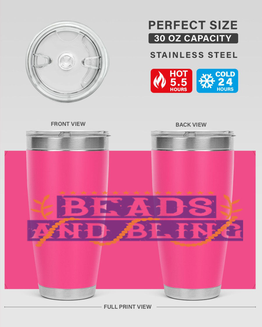 Beads and Bling 40# Mardi Gras Tumbler in vibrant colors, showcasing its double wall stainless steel design and drink-thru lid.