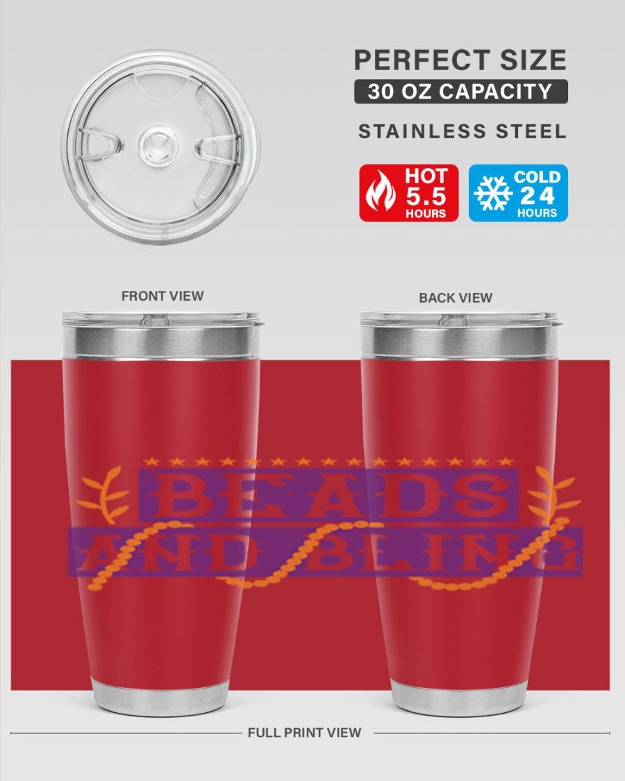 Beads and Bling 40# Mardi Gras Tumbler in vibrant colors, showcasing its double wall stainless steel design and drink-thru lid.