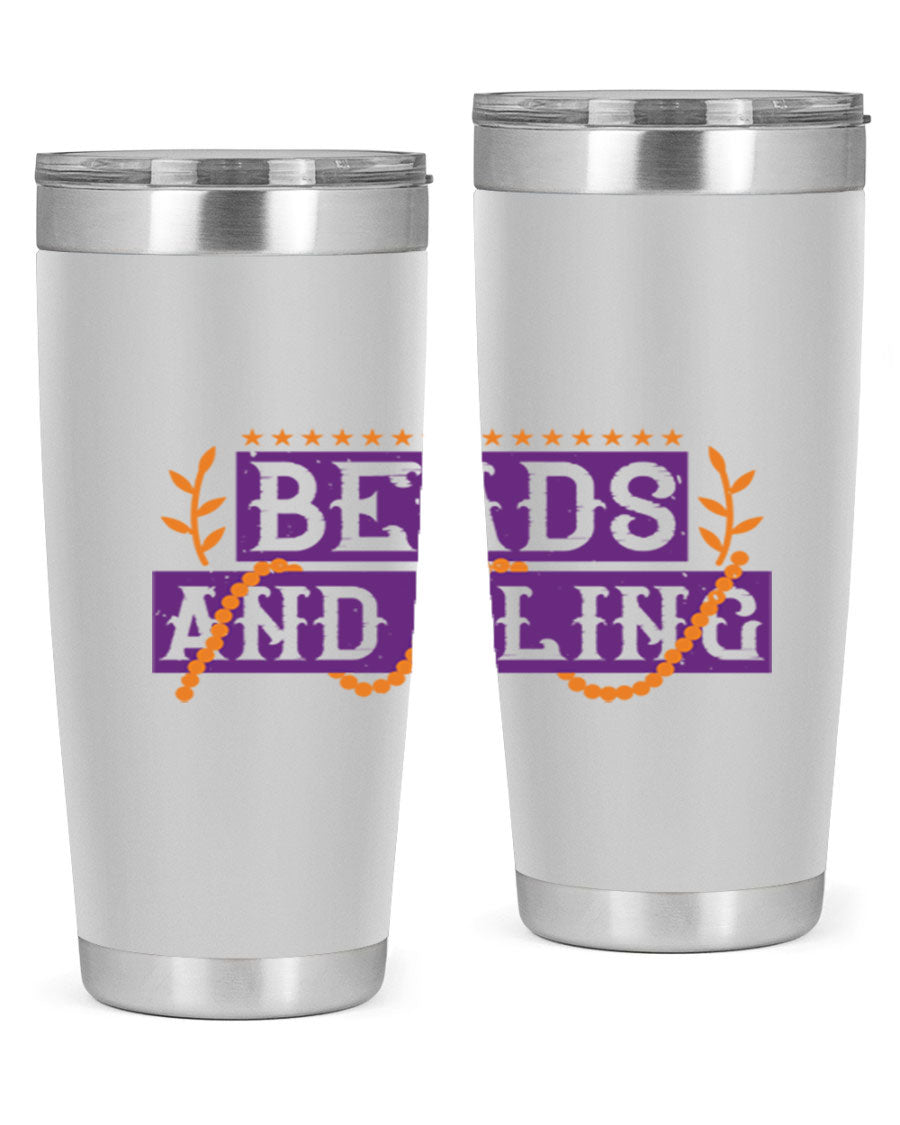Beads and Bling 40# Mardi Gras Tumbler in vibrant colors, showcasing its double wall stainless steel design and drink-thru lid.