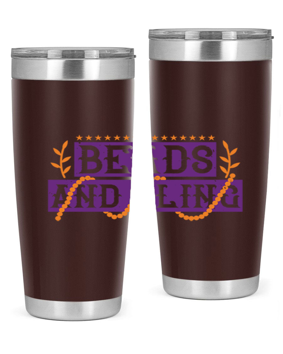 Beads and Bling 40# Mardi Gras Tumbler in vibrant colors, showcasing its double wall stainless steel design and drink-thru lid.