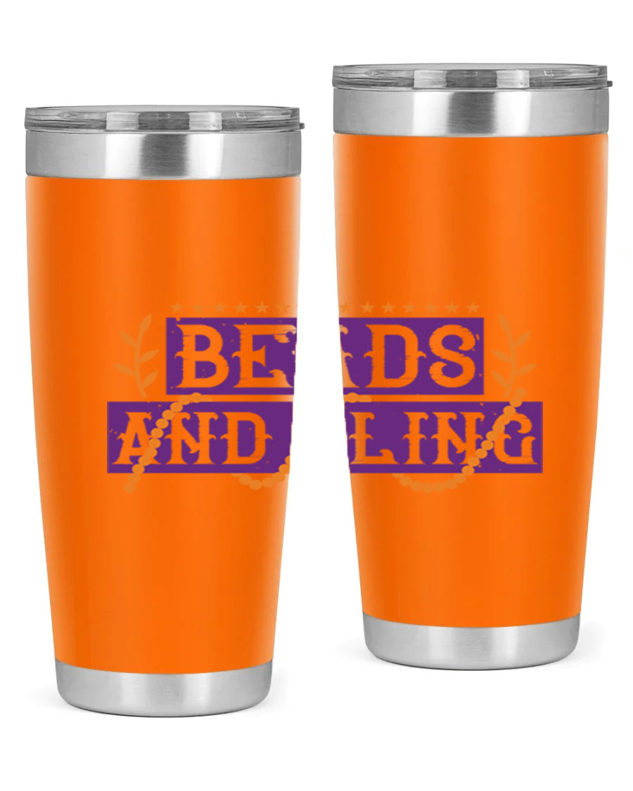 Beads and Bling 40# Mardi Gras Tumbler in vibrant colors, showcasing its double wall stainless steel design and drink-thru lid.