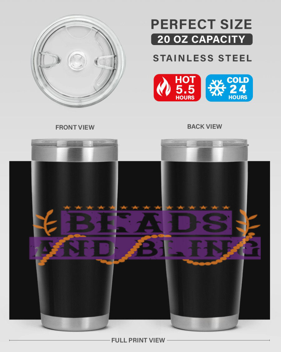Beads and Bling 40# Mardi Gras Tumbler in vibrant colors, showcasing its double wall stainless steel design and drink-thru lid.