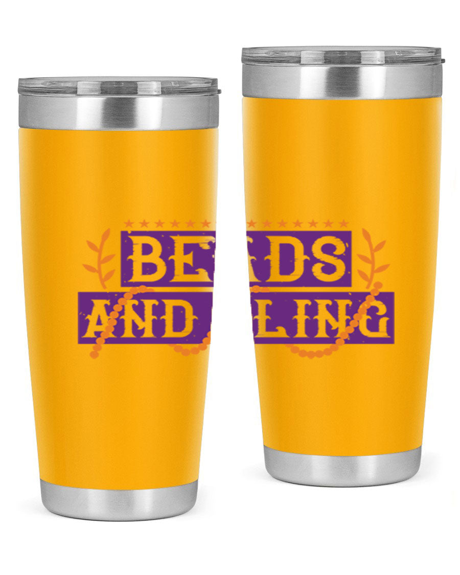 Beads and Bling 40# Mardi Gras Tumbler in vibrant colors, showcasing its double wall stainless steel design and drink-thru lid.