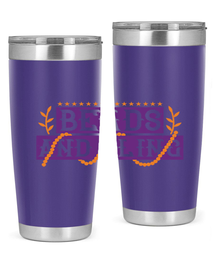 Beads and Bling 40# Mardi Gras Tumbler in vibrant colors, showcasing its double wall stainless steel design and drink-thru lid.