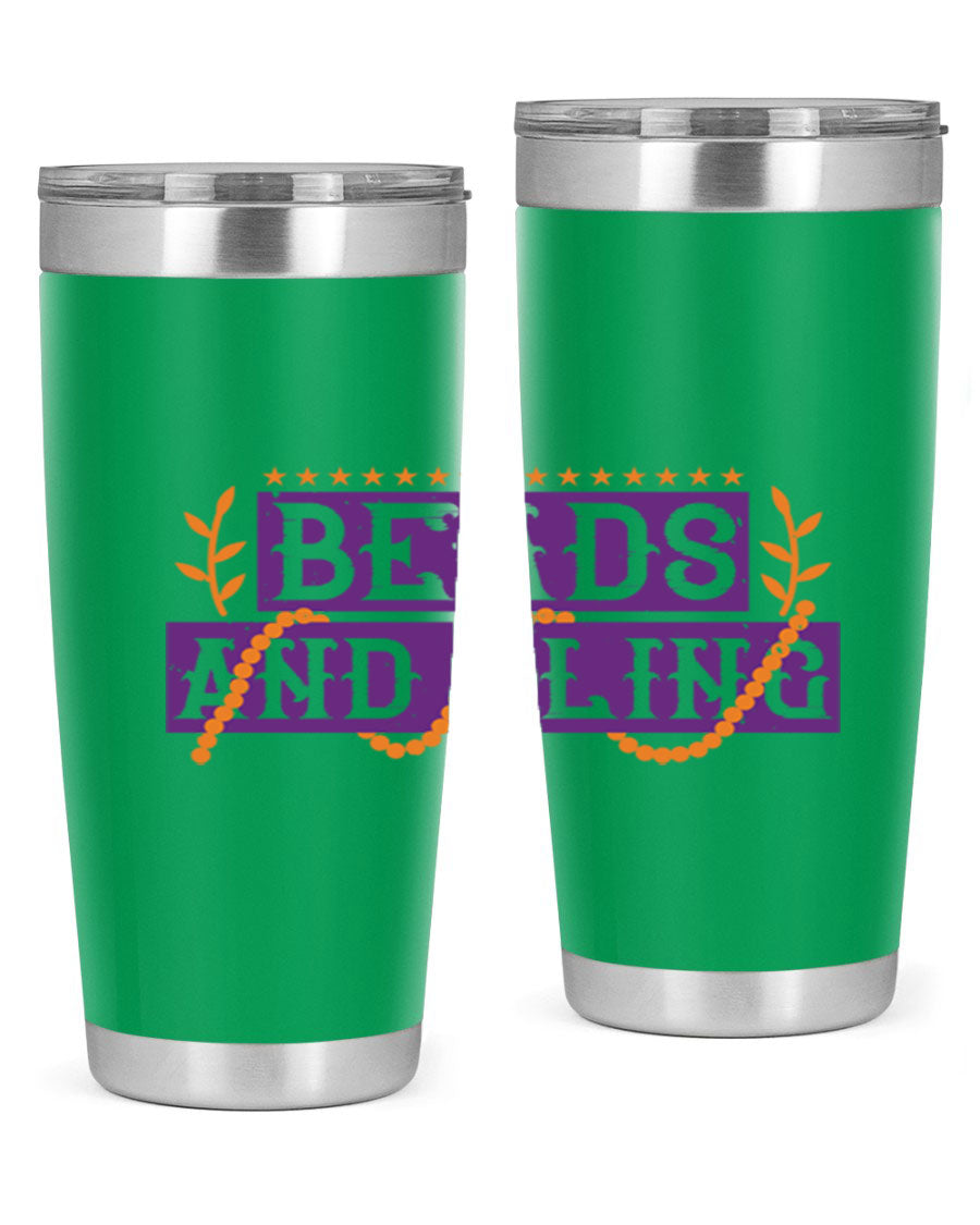 Beads and Bling 40# Mardi Gras Tumbler in vibrant colors, showcasing its double wall stainless steel design and drink-thru lid.