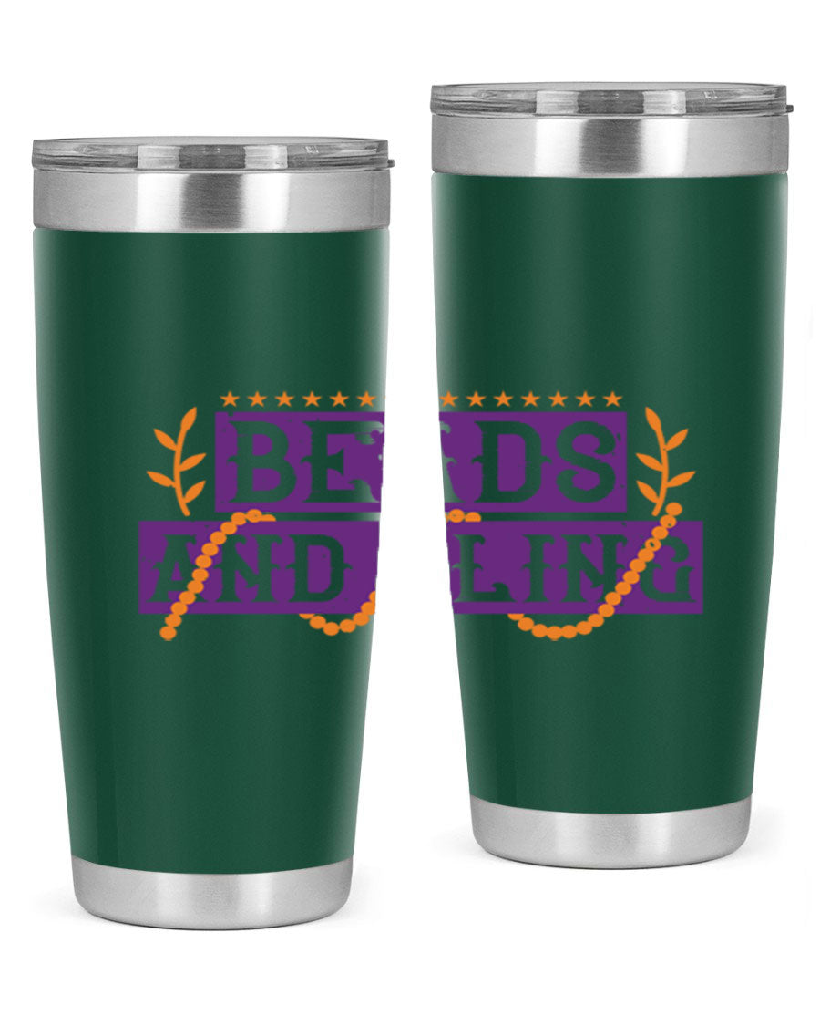 Beads and Bling 40# Mardi Gras Tumbler in vibrant colors, showcasing its double wall stainless steel design and drink-thru lid.