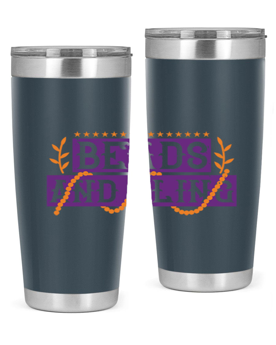Beads and Bling 40# Mardi Gras Tumbler in vibrant colors, showcasing its double wall stainless steel design and drink-thru lid.