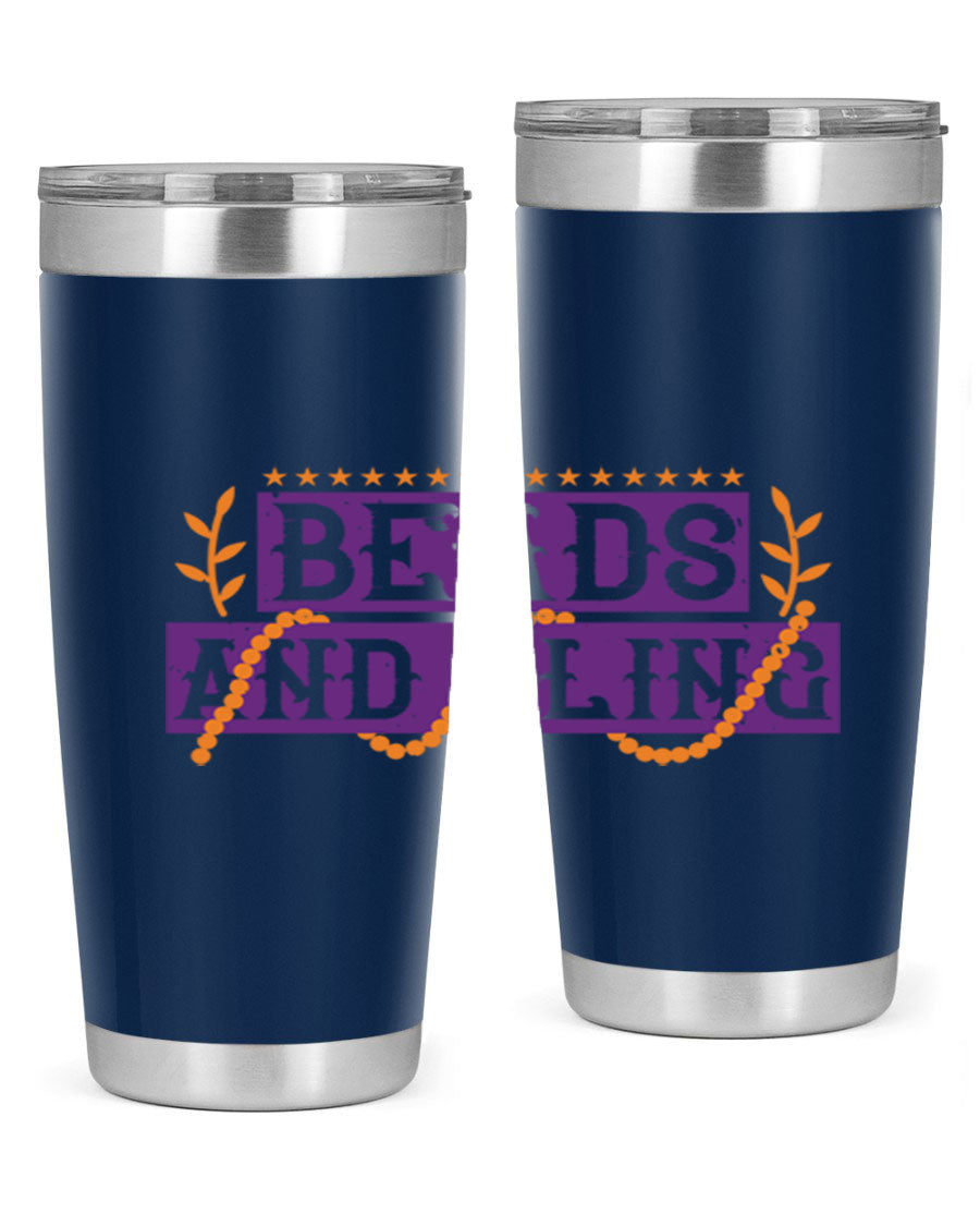 Beads and Bling 40# Mardi Gras Tumbler in vibrant colors, showcasing its double wall stainless steel design and drink-thru lid.