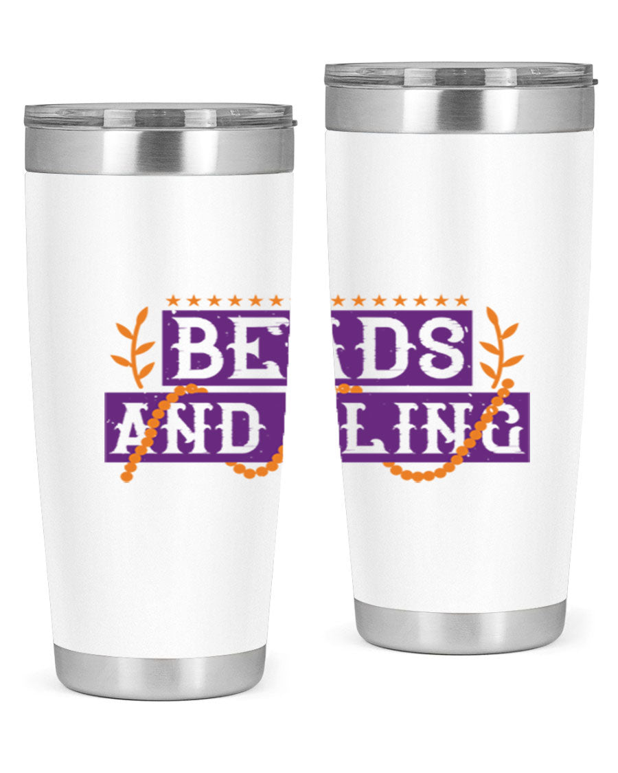 Beads and Bling 40# Mardi Gras Tumbler in vibrant colors, showcasing its double wall stainless steel design and drink-thru lid.