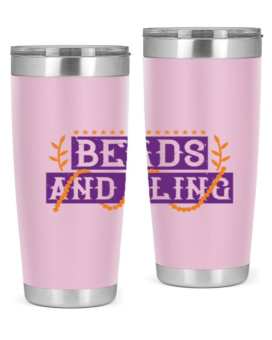 Beads and Bling 40# Mardi Gras Tumbler in vibrant colors, showcasing its double wall stainless steel design and drink-thru lid.