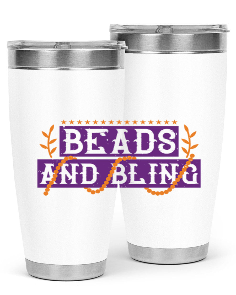 Beads and Bling 40# Mardi Gras Tumbler in vibrant colors, showcasing its double wall stainless steel design and drink-thru lid.