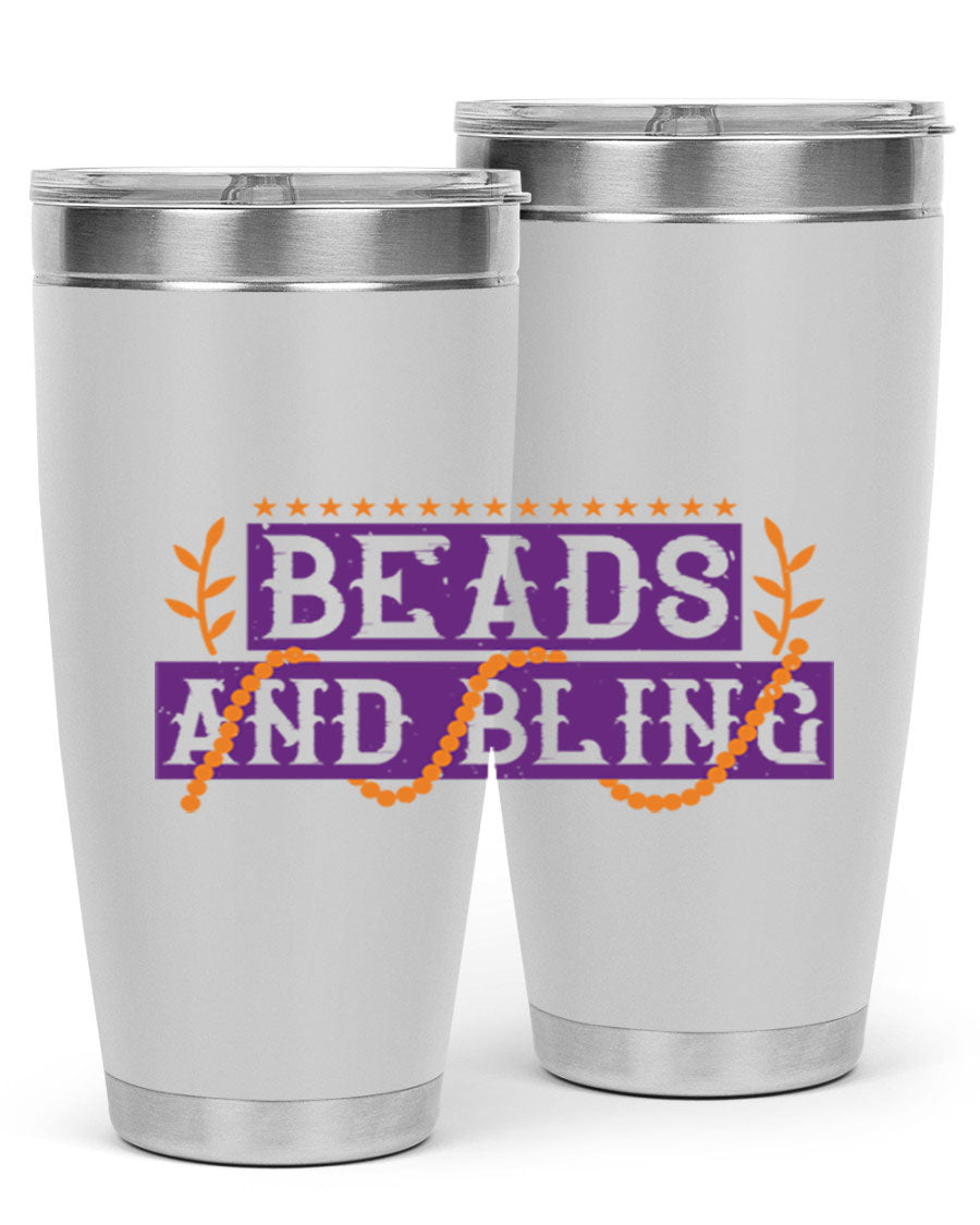 Beads and Bling 40# Mardi Gras Tumbler in vibrant colors, showcasing its double wall stainless steel design and drink-thru lid.