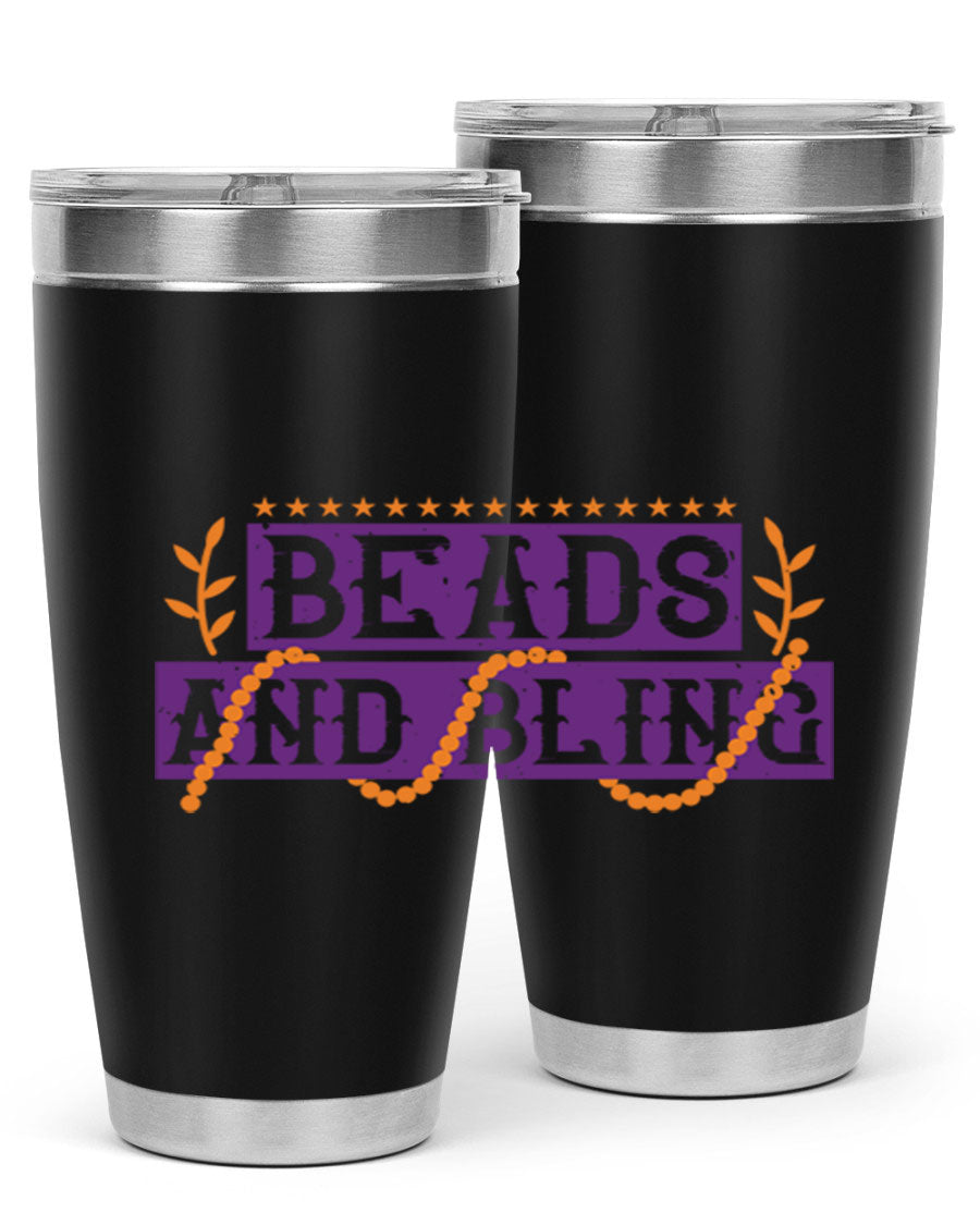 Beads and Bling 40# Mardi Gras Tumbler in vibrant colors, showcasing its double wall stainless steel design and drink-thru lid.