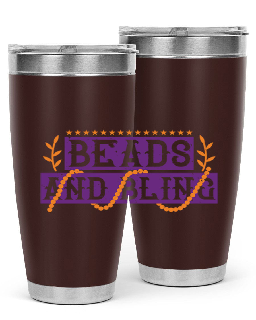 Beads and Bling 40# Mardi Gras Tumbler in vibrant colors, showcasing its double wall stainless steel design and drink-thru lid.