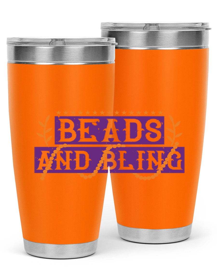 Beads and Bling 40# Mardi Gras Tumbler in vibrant colors, showcasing its double wall stainless steel design and drink-thru lid.