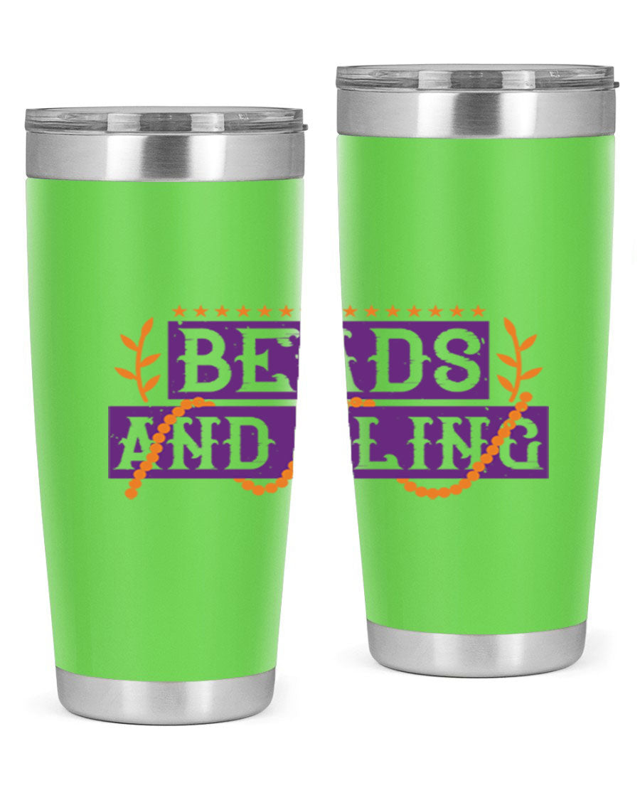 Beads and Bling 40# Mardi Gras Tumbler in vibrant colors, showcasing its double wall stainless steel design and drink-thru lid.