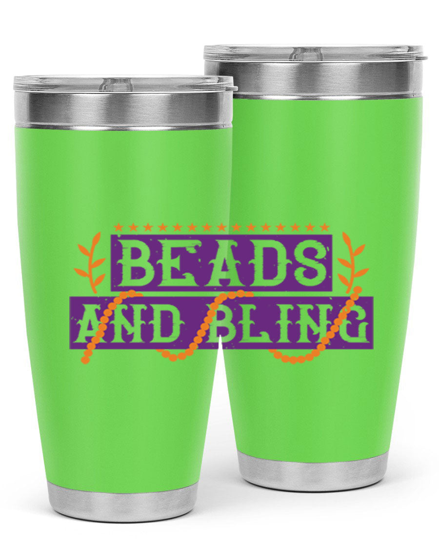 Beads and Bling 40# Mardi Gras Tumbler in vibrant colors, showcasing its double wall stainless steel design and drink-thru lid.