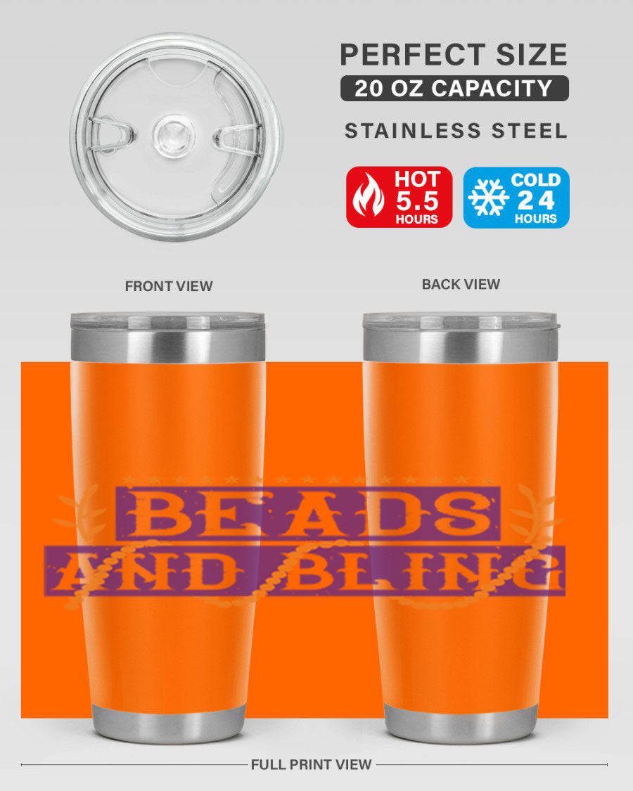 Beads and Bling 40# Mardi Gras Tumbler in vibrant colors, showcasing its double wall stainless steel design and drink-thru lid.