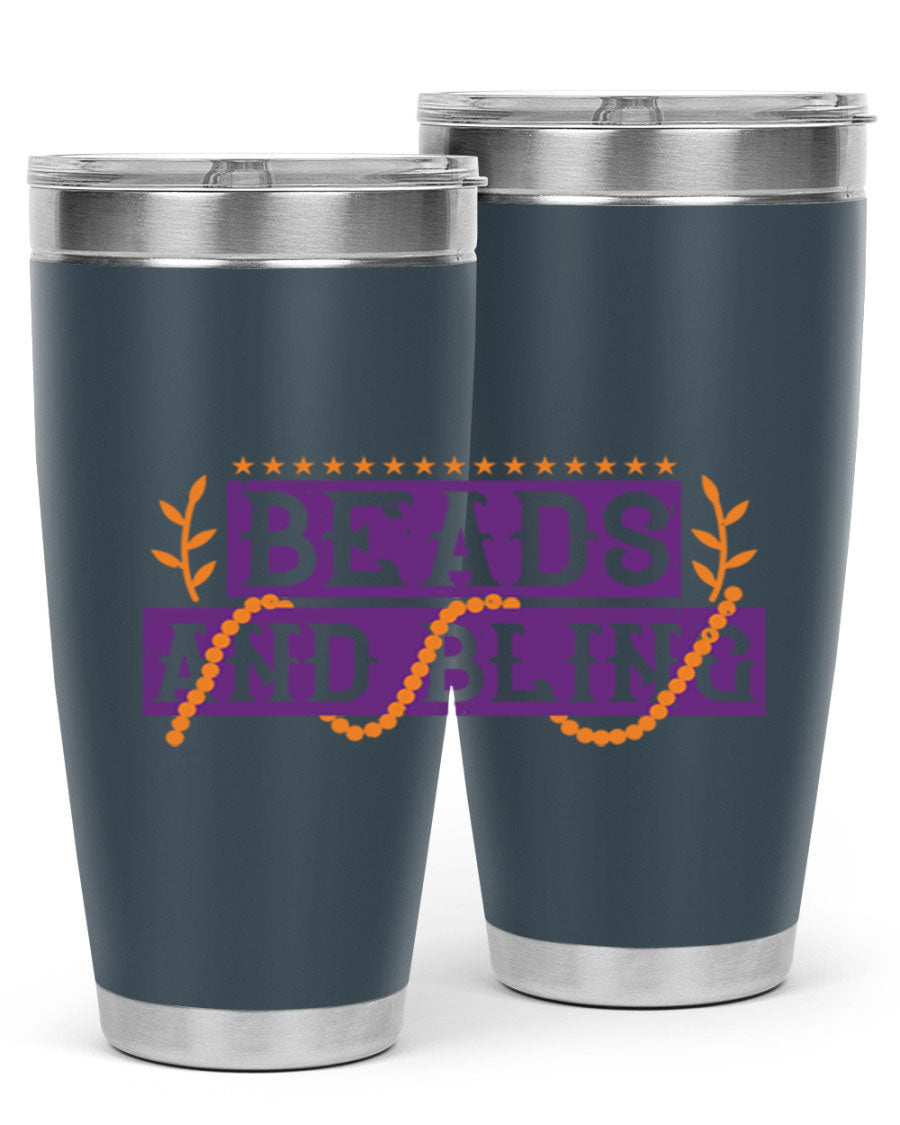 Beads and Bling 40# Mardi Gras Tumbler in vibrant colors, showcasing its double wall stainless steel design and drink-thru lid.