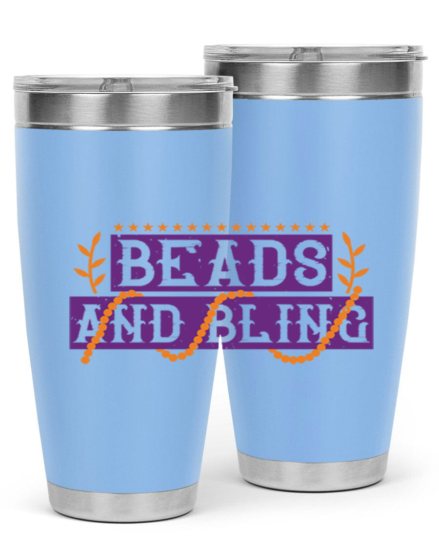 Beads and Bling 40# Mardi Gras Tumbler in vibrant colors, showcasing its double wall stainless steel design and drink-thru lid.