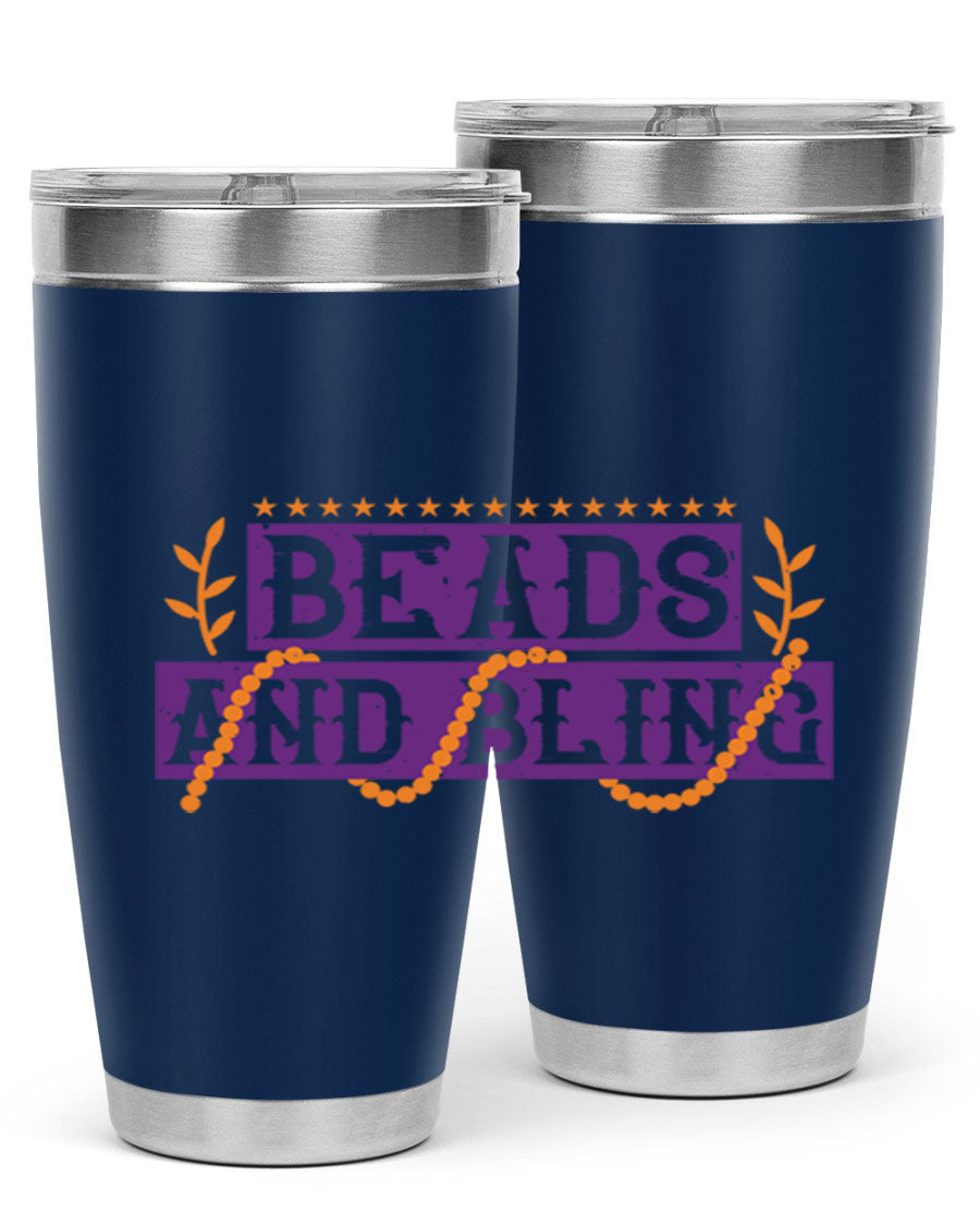 Beads and Bling 40# Mardi Gras Tumbler in vibrant colors, showcasing its double wall stainless steel design and drink-thru lid.