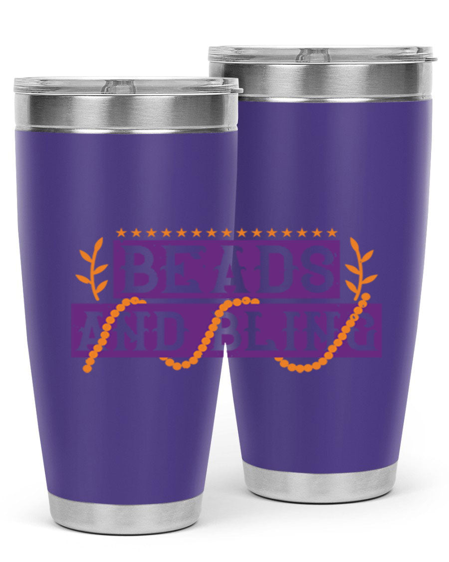 Beads and Bling 40# Mardi Gras Tumbler in vibrant colors, showcasing its double wall stainless steel design and drink-thru lid.