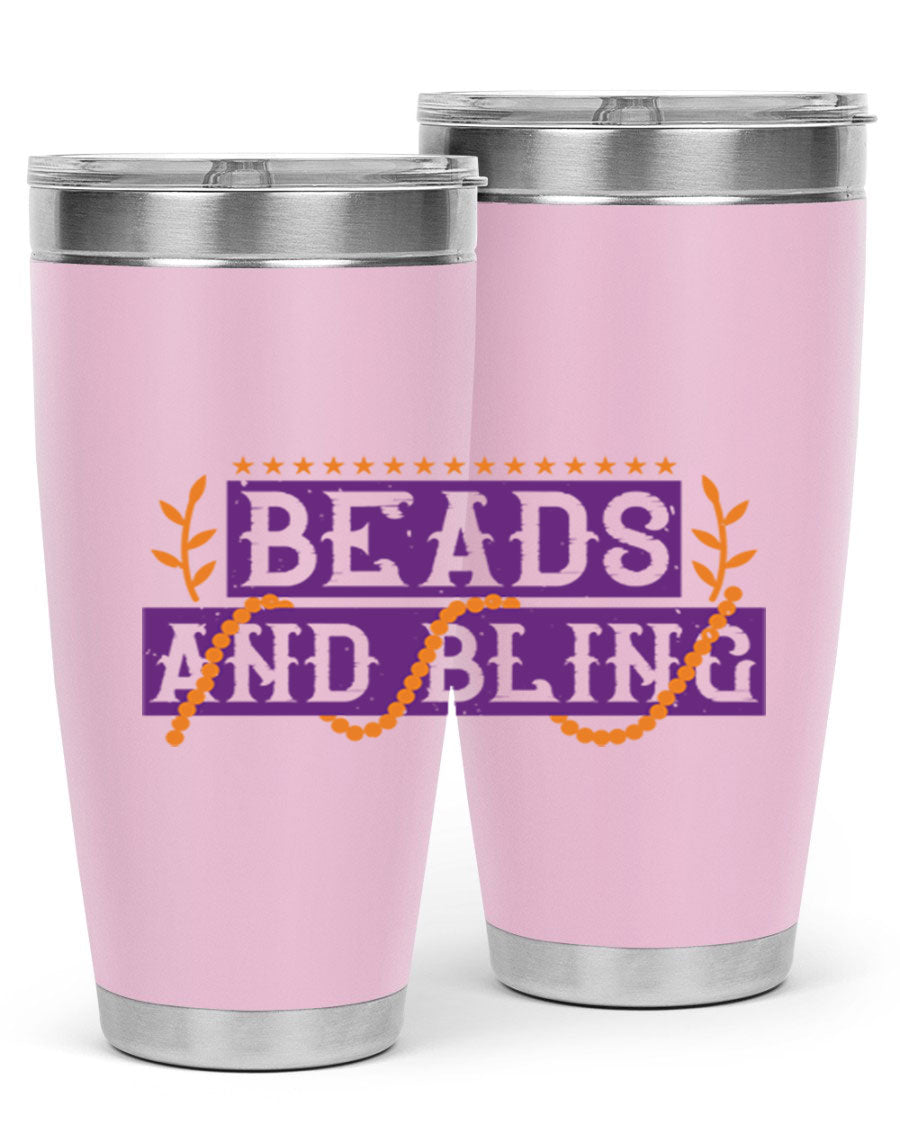 Beads and Bling 40# Mardi Gras Tumbler in vibrant colors, showcasing its double wall stainless steel design and drink-thru lid.