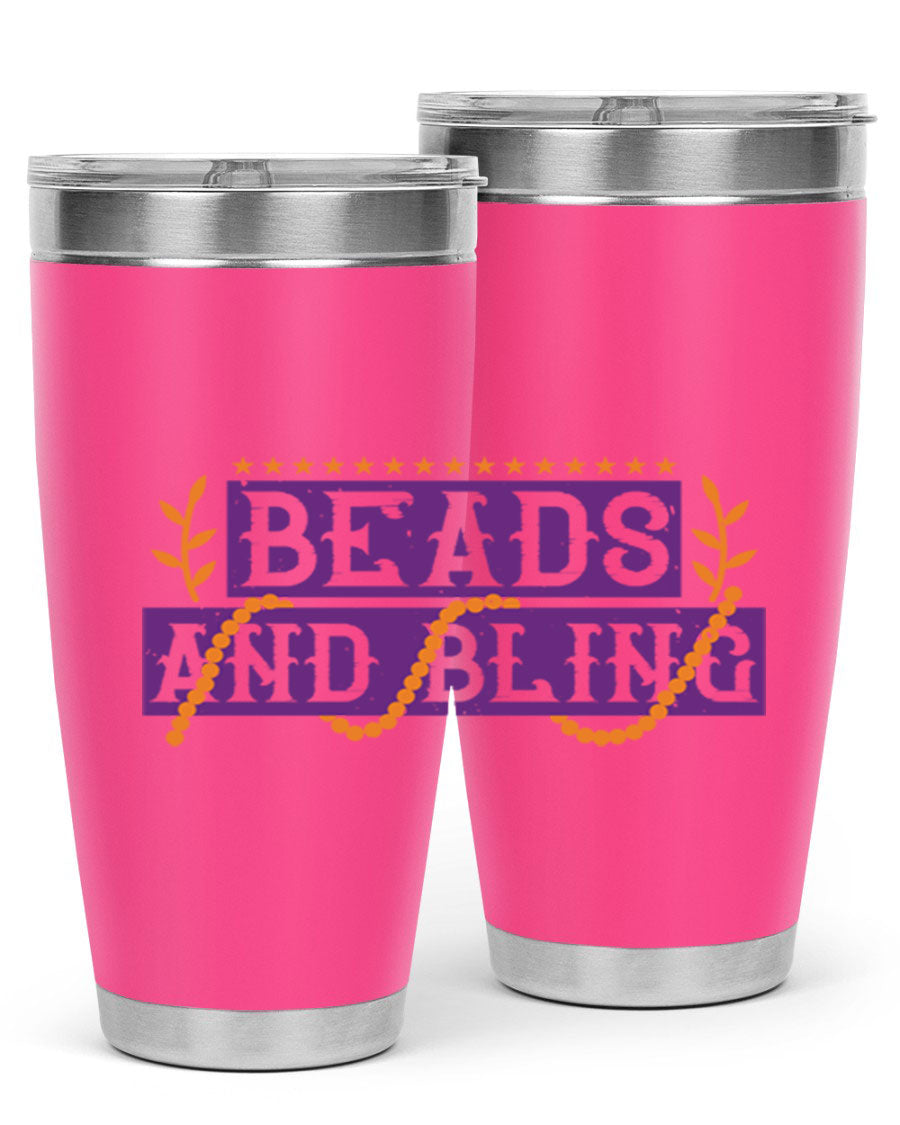 Beads and Bling 40# Mardi Gras Tumbler in vibrant colors, showcasing its double wall stainless steel design and drink-thru lid.