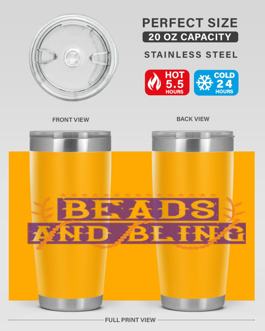 Beads and Bling 40# Mardi Gras Tumbler in vibrant colors, showcasing its double wall stainless steel design and drink-thru lid.