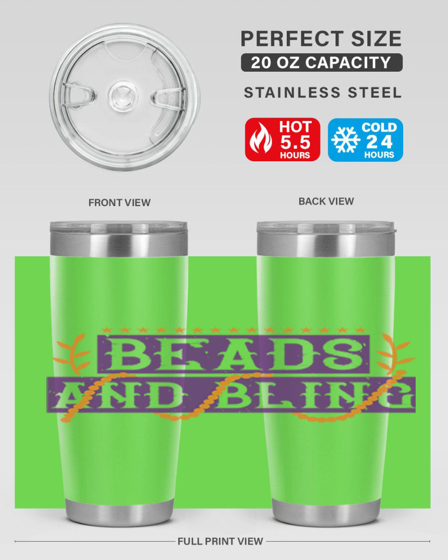 Beads and Bling 40# Mardi Gras Tumbler in vibrant colors, showcasing its double wall stainless steel design and drink-thru lid.