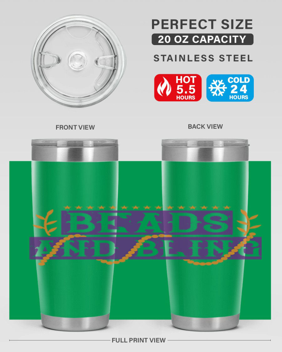 Beads and Bling 40# Mardi Gras Tumbler in vibrant colors, showcasing its double wall stainless steel design and drink-thru lid.