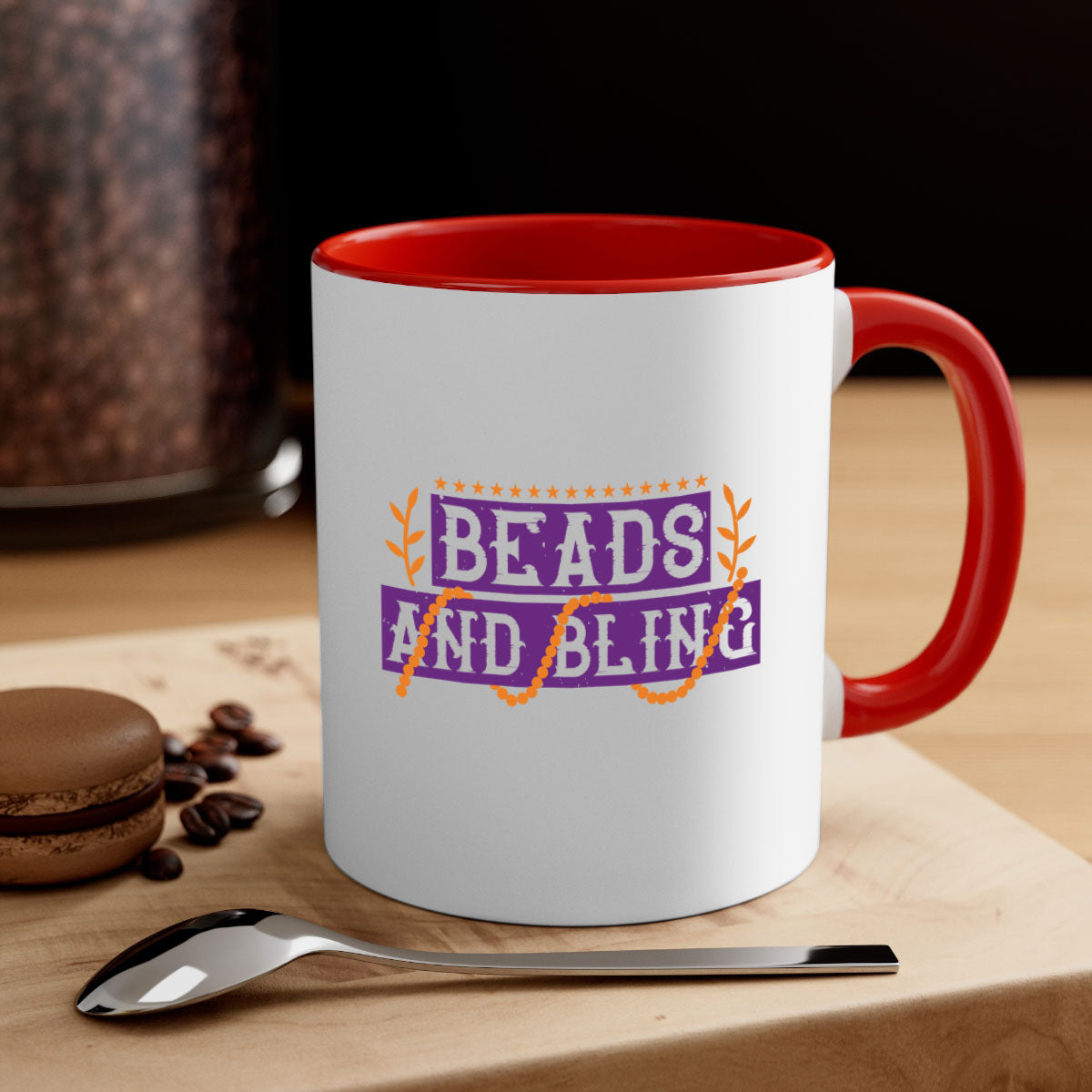 Beads and Bling 40# Mardi Gras Mug with colorful handle and glossy finish, available in multiple colors.
