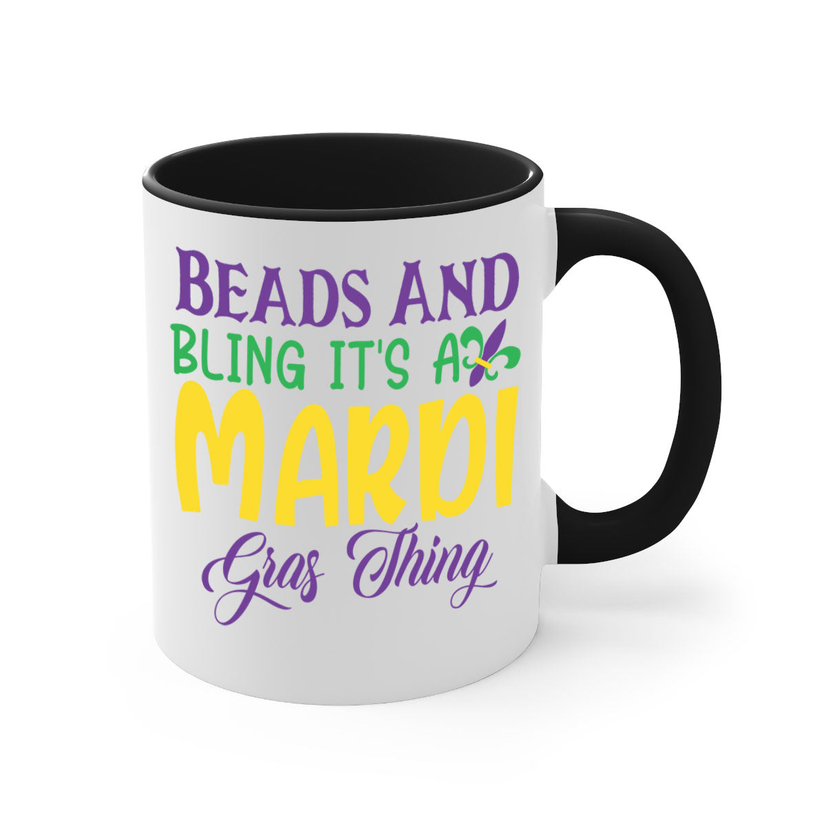 Beads and Bling Mardi Gras mug with colorful handle and glossy finish, perfect for coffee or tea.